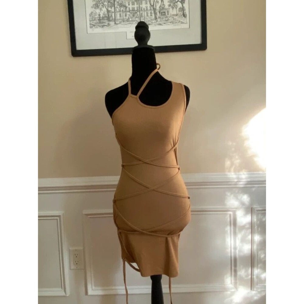 Asymmetrical Hem Tie Back Lace-up Front Bodycon Dress with Arm Sleeves